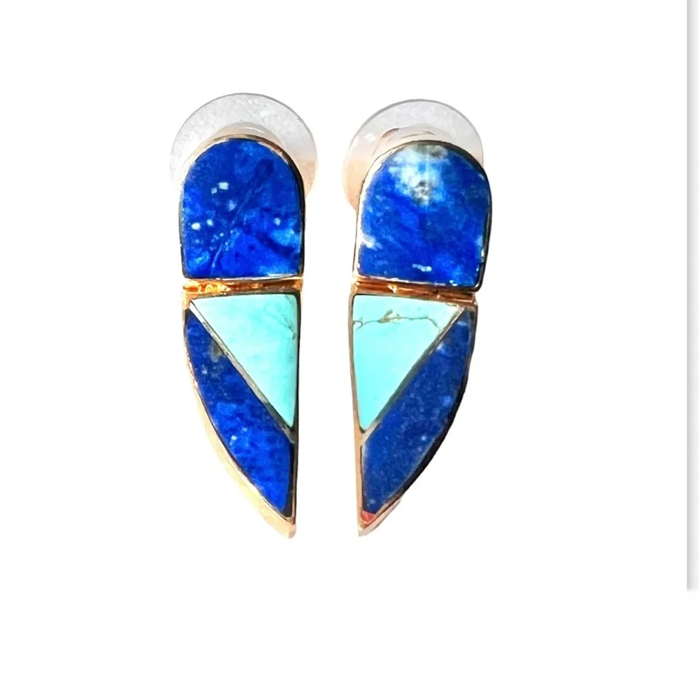Post Earrings Genuine Stone Geometric Contemporary Minimal Blue Turquoise